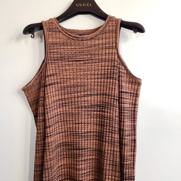 New Zara Ribbed Cut Out Cold Shoulder Long Sleeve Brown/Black Midi Dress Small - Picture 10 of 15